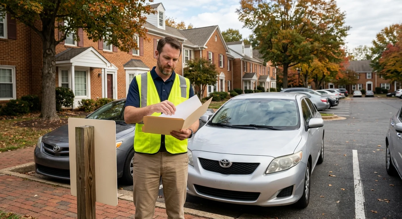 Property representative reviewing parking documents in a Virginia townhouse community