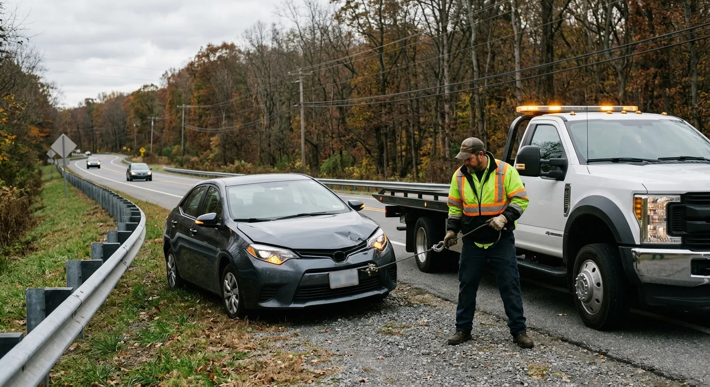 Tow operator preparing a damaged sedan for transport beside a Virginia roadway