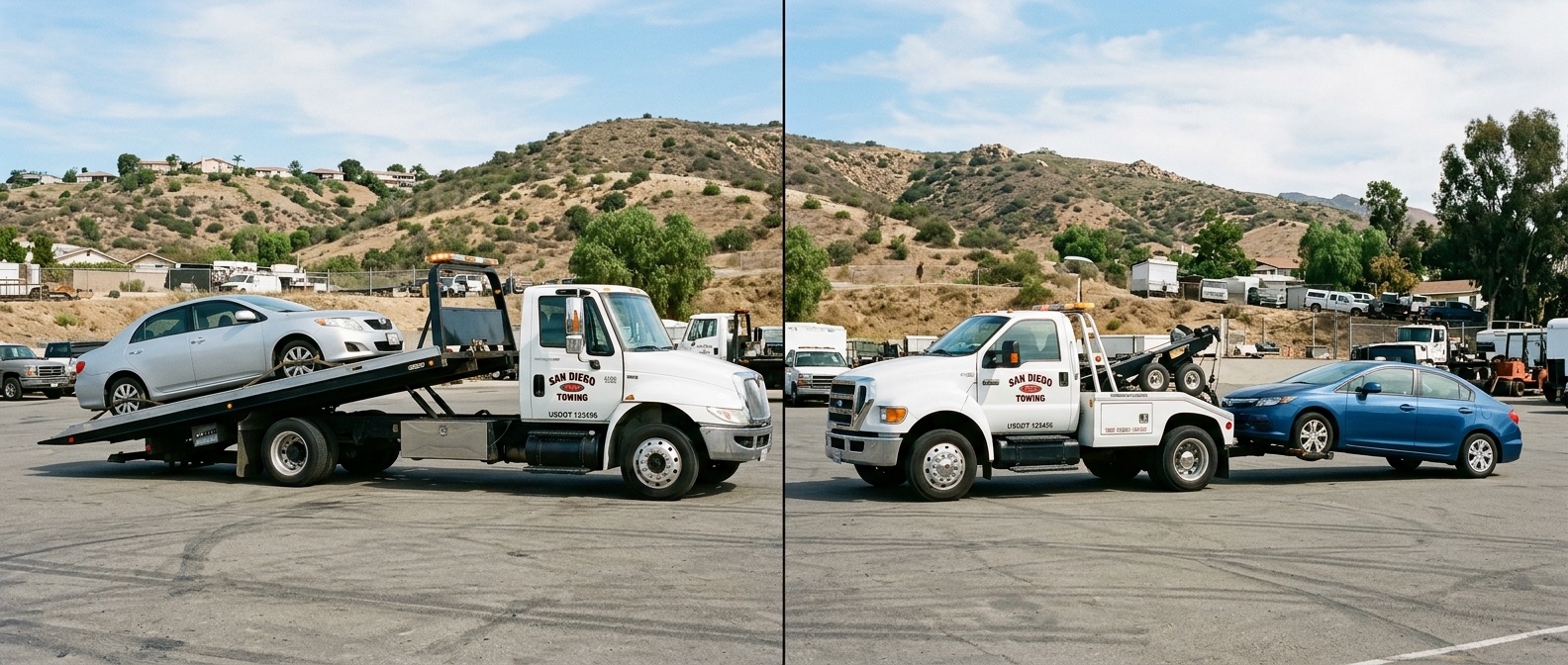 Side-by-side comparison of a flatbed tow truck and a wheel-lift tow truck loading vehicles in a Richmond service yard