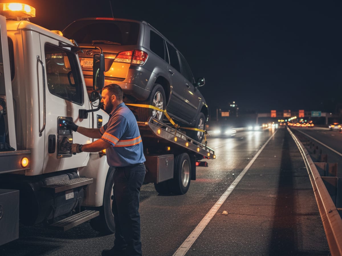 Quick Tow Richmond flatbed driver loading a disabled SUV on the I-95/I-64 overlap shoulder at night