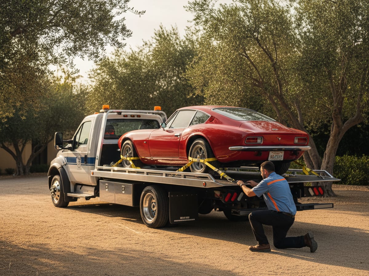 Quick Tow Richmond low-clearance flatbed carefully loading a classic Porsche with soft-tie wheel nets in The Fan