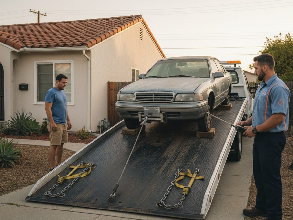 Quick Tow Richmond flatbed loading a non-running sedan from a Southside Richmond residential side yard