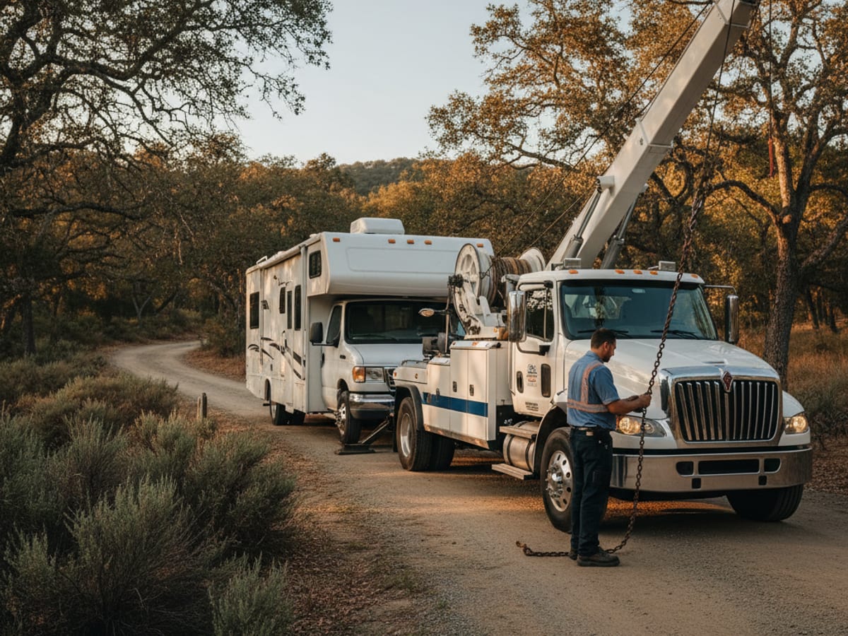 Quick Tow Richmond heavy wrecker towing a Class C RV from a Kings Dominion-area campground